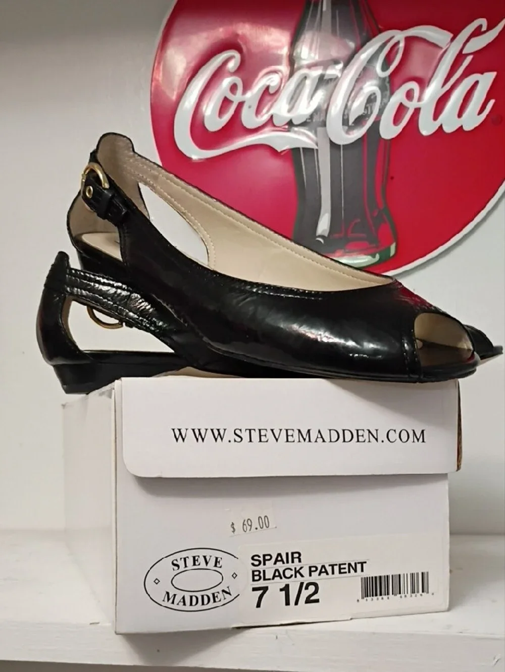 Steve Madden Black Patent Slingback Flats with Gold Buckle Accent